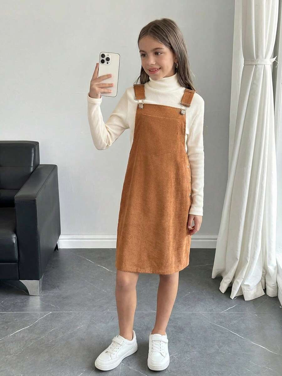 SHEIN NovaGlow Tween Girl Tween Girls Solid Pocket Patched Overall Dress Without Sweater - Khaki - View 1