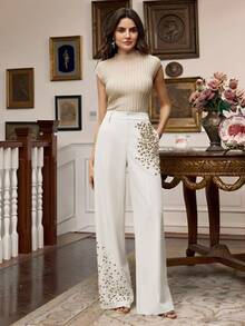 Anewsta Savoree Quần nữ đính hạt thời trang, thích hợp cho mùa thu, đi chơi, thanh lịch, trang trọng, tiệc tùng, sang trọng, năm mới, giáng sinh, công sở, tốt nghiệp, đám cưới - trắng - Xem 7