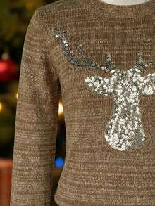 Franclia Suéter de punto de cuello redondo de manga larga con estampado de ciervos para mujer, suéter elegante francés de otoño/invierno con lentejuelas brillantes, top de punto casual para mujer, capa base elástica y ajustada, para Navidad, Oktoberfest, festivales de música - Marrón - Ver 5