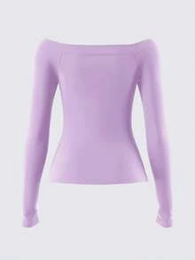SHEIN BASICS 休闲纯色针织露肩长袖修身女式上衣 - 紫色 - 查看 3