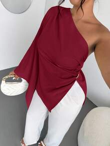 Firerie 大码女式优雅新款时尚度假日常单肩超长袖腰部褶皱显瘦金属装饰黄色上衣/情人节/音乐会/演出/约会/正式晚宴/舞会/婚礼季/性感/优雅/通勤/返校/度假/海滩/浪漫时尚/职场女神/美人鱼风/生日派对 - 紅色 - 查看 5