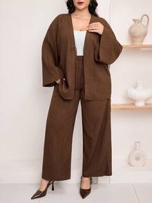 Veilorie 大码女式纯色扭结前襟长袖上衣和阔腿裤优雅阿拉伯套装