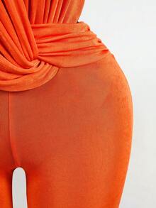 Mistrie 女士霓虹橙色性感露背扭结腰部宽松直筒连体裤 - 橘色 - 查看 6
