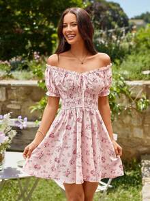 KARISMINA 女士优雅度假风印花浪漫粉色连衣裙，弹性腰身设计，百搭实用，适合春夏穿着 - 粉色 - 查看 6