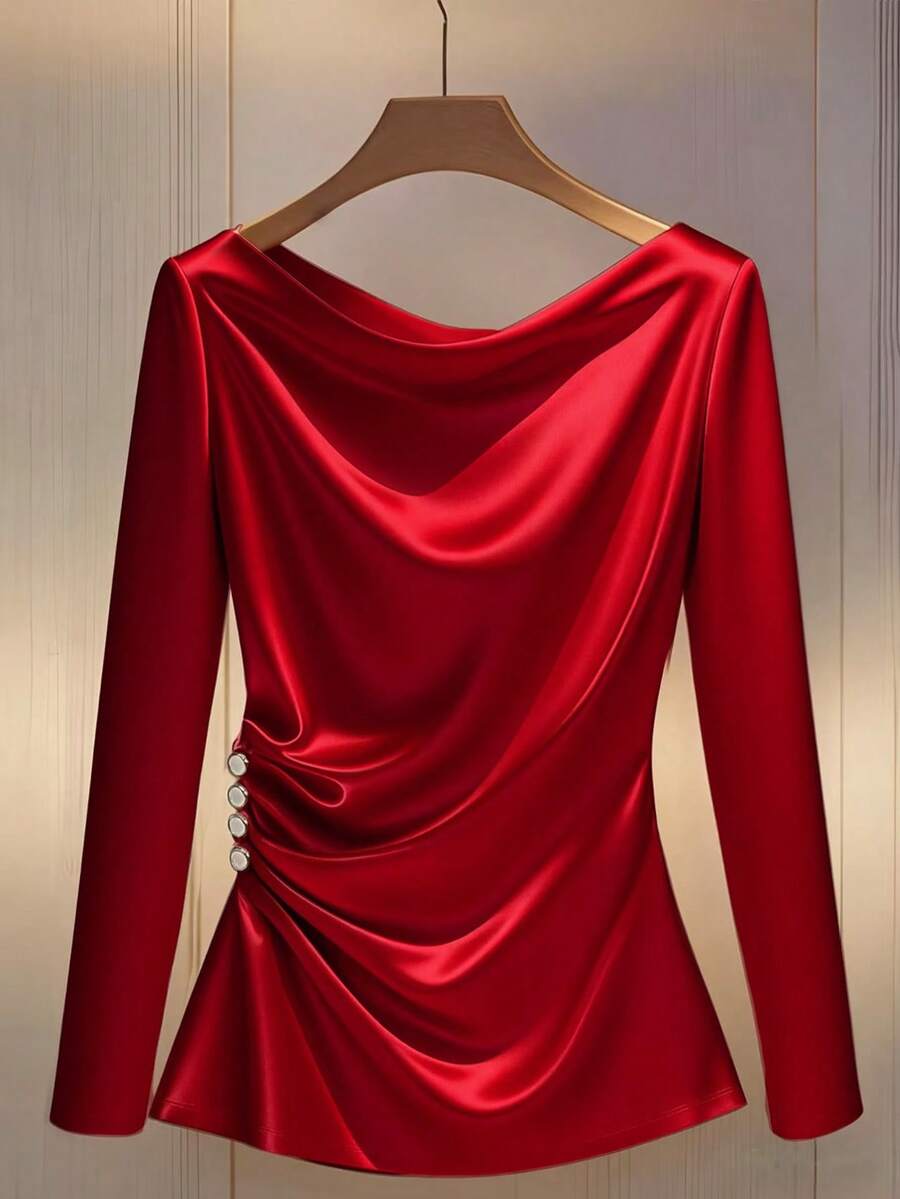 Franclia Áo thun nữ tay dài cổ bèo nhún bèo nhún bên hông thanh lịch cài nút - Đỏ - Xem 1