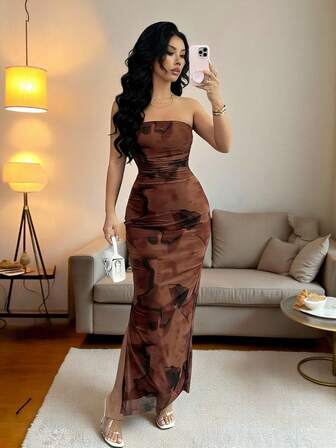 Rafferiza Vestido de fiesta elegante de mujer con cintura ceñida, estampado de malla teñida anudada y abertura lateral