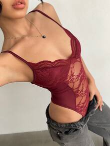 Aloruh Solid Color Spaghetti Strap Sexy Lace Bodysuit For Women,Bodysuits For Women Maroon Top Wine Red Top Burgundy Top Dark Red Top,Bodysuits For Women,Valentine's Day - Burgundy - View 7