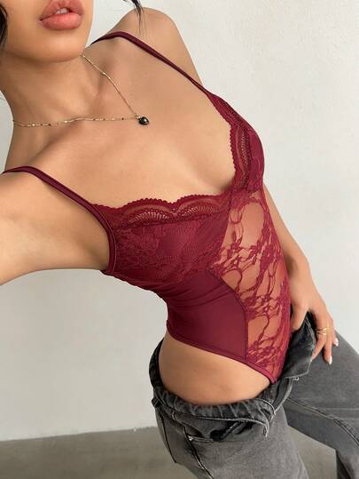Aloruh Solid Color Spaghetti Strap Sexy Lace Bodysuit For Women,Bodysuits For Women Maroon Top Wine Red Top Burgundy Top Dark Red Top,Bodysuits For Women,Valentine's Day