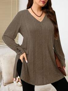 EMERY ROSE Plus Size Women's Solid Color V-Neck Long Sleeve Button Design Casual Ribbed T-Shirt - Brown - View 3