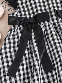 SHEIN 女童蝴蝶结格子休闲连衣裙，适合日常穿着，春夏款 - 黑色 - 查看 7