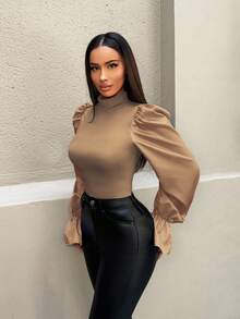 Zolique Áo cánh thời trang ôm sát cổ đứng tay loe màu trơn dành cho nữ - màu nâu - Xem 3