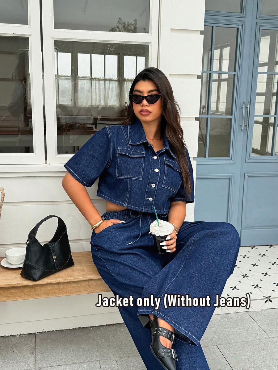 SHEIN ICON Women Plus Size Short Sleeve Fashion Washed Dark Denim Jacket