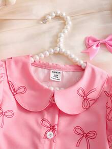 Souflis Souflis 女婴彼得潘领泡泡袖A字衬衫裙，蝴蝶印花，甜美可爱，夏季新款 - 粉色 - 查看 4