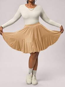 SHEIN Tall CURVE Plus Size Black Casual Loose A-Line Skirt, Fashionable, Black Ruffle Skirt, Shorts - Camel - View 6