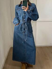 Livesso 女士休闲直筒裤/裙，撞色拼接设计，收腰剪裁，大口袋，适合街头、户外、商务休闲场合穿着，春夏秋季皆宜。 - 深色水洗藍 - 查看 5