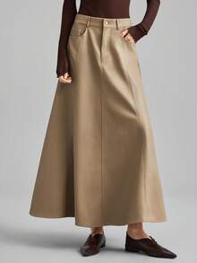 Ontre 2026春夏新款休闲时尚卡其色A字皮裙，柔软舒适的皮革材质，适合商务、通勤、日常穿着，适宜温度5-15℃，也适合情人节、派对、婚礼、办公室等场合，简约优雅的都市时尚风格，纯色设计更显身材。 - 卡其色 - 查看 5