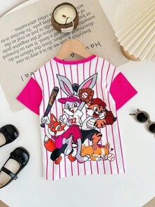 Bubblio Baby Girl Casual Comfortable Cute Cartoon Animal Print Striped Splice Short Sleeve Dress - Pink - View 5