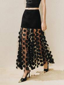 Revavyn 女士高腰A字裙，采用弹力针织面料，网纱拼接，刺绣和大波点设计，优雅约会之选 - 黑色 - 查看 8