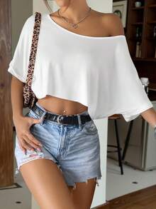 SHEIN EZwear White Knitted Loose One Shoulder Batwing Sleeve Women's T-Shirt - White - View 4