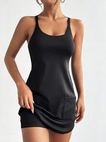 Easithlete Váy thể thao 2 trong 1 có túi, váy đen ngắn, váy thể thao - màu đen - Xem 4