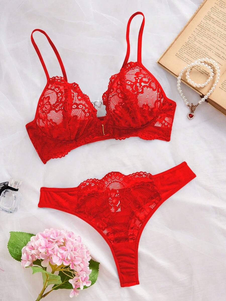 2件套女士蕾丝前扣无钢圈性感文胸和内裤内衣套装新娘 - 紅色 - 查看 1