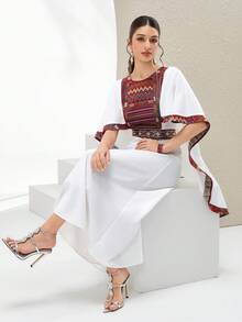 Al Najma 女士圆领撞色滚边几何图案优雅阿拉伯连衣裙 - 白色 - 查看 6