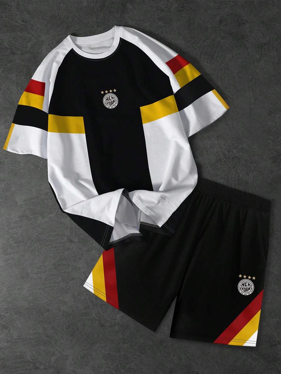 Aesthetic Post Conjunto de pantalones cortos y manga raglán Manfinity Hypemode para hombre, deportivo y casual, con bloques de color y estampado digital de Nueva York - Multicolor - Ver 1