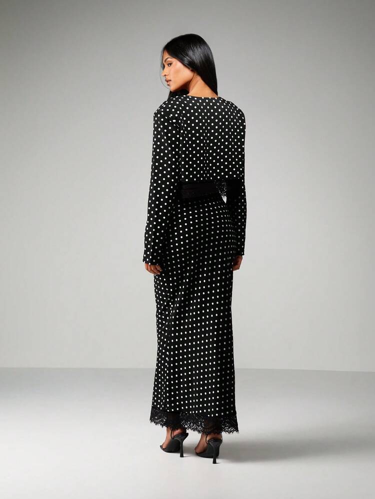 MISSGUIDED Polka Dot Two Piece Coordinating Set With Lace Trim Button Front Top And High Waist Maxi Skirt