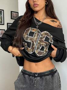 SHEIN Coolane Áo thun nữ họa tiết cành cây họa tiết buổi hòa nhạc rave dạo phố mùa thu/đông trở lại trường - màu đen - Xem 1