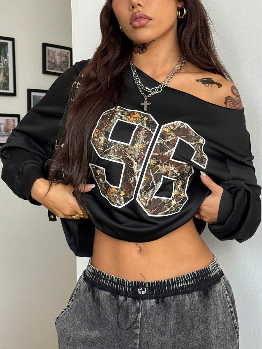SHEIN Coolane Áo thun nữ họa tiết cành cây họa tiết buổi hòa nhạc rave dạo phố mùa thu/đông trở lại trường - màu đen - Xem 1