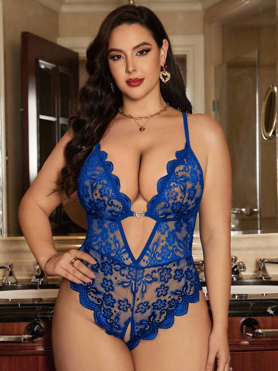 SHEIN Bodysuit Renda Seksi Ukuran Besar, 1 Potong - Biru - View 1
