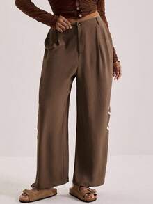 SHEIN VCAY 大码女式褶裥阔腿休闲裤，带口袋 - 棕色 - 查看 1
