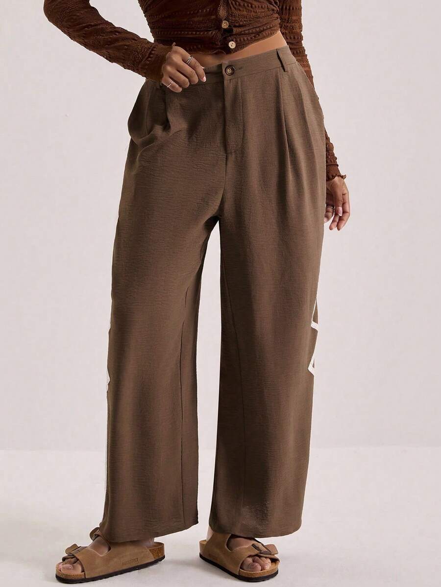 SHEIN VCAY 大码女式褶裥阔腿休闲裤，带口袋 - 棕色 - 查看 1