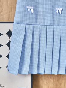 女童优雅甜美无袖迷你连衣裙，层叠荷叶边下摆，白色蝴蝶结点缀，适合夏季和奢华派对穿着 - 藍色 - 查看 4