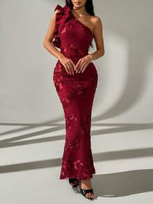 Rafferiza Váy đuôi cá thêu vai bất đối xứng xếp nếp thanh lịch - Đỏ - Xem 1