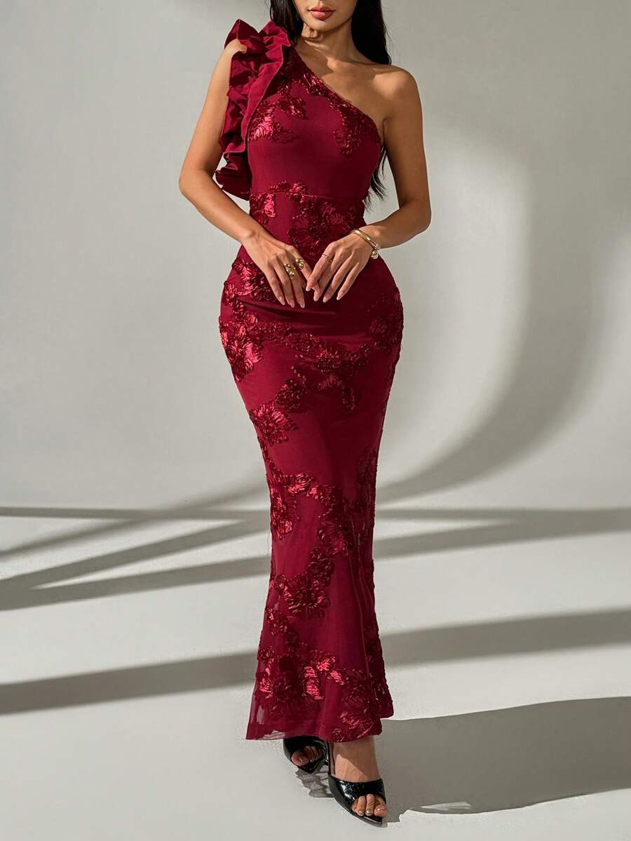 Rafferiza Váy đuôi cá thêu vai bất đối xứng xếp nếp thanh lịch - Đỏ - Xem 1