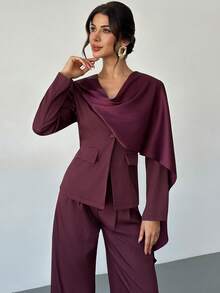 Firerie Women's Elegant Commuter Sophisticated Outgoing Fashion New Year Holiday Satin Scarf Shawl Collar Waist Long Sleeve Blazer And High Waist Pants Burgundy Suit Two Pieces Set