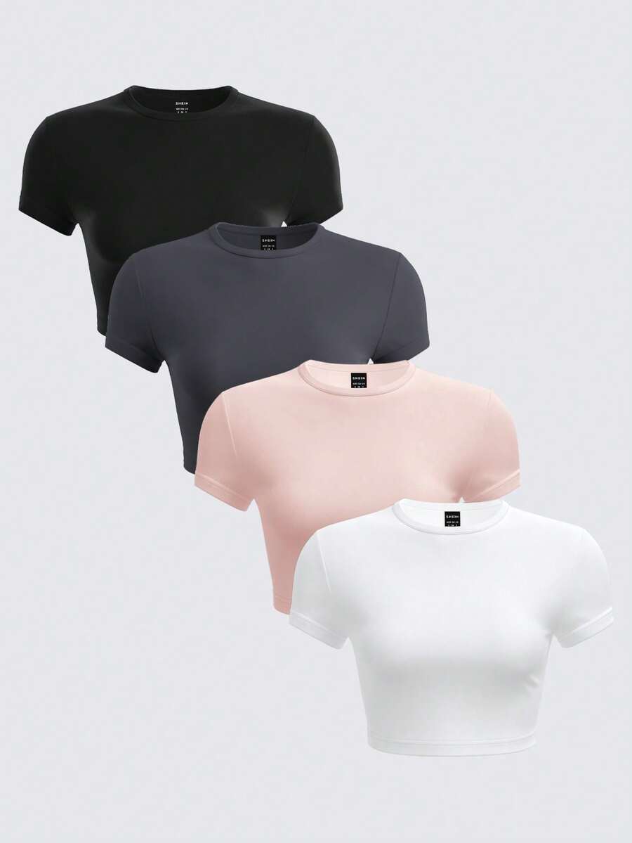 SHEIN BASICS 4 buc/set tricouri casual de culoare solidă tricotate cu guler rotund, mânecă scurtă, croite, pentru femei - Baby Pink - Vizualizare 1