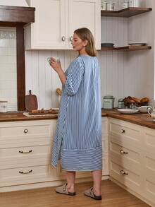 SHEIN Doze Lane Plus Size Women Casual V-Neck Blue & White Striped Print Loose Long Nightgown Home Dress For Women Duster Pambahay For Nanay Women Pajama Dress Sleep Wear Women Dress