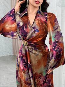 Modelyn 女士优雅印花重叠领喇叭袖连衣裙，秋季 - 棕色 - 查看 2