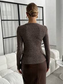 Lavishia Áo thun dài tay dáng ôm, đơn giản, màu trơn, thoải mái khi đi làm hàng ngày dành cho nữ, Xuân/Thu - màu nâu - Xem 4