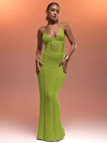 MUSERA 钩针编织露背吊带束身胸衣拼接系带长裙，夏季度假性感伊比沙岛风情，适合春季海滩度假、秋季夜晚外出、秋冬季约会之夜，时尚毛衣 - 橄欖綠 - 查看 4