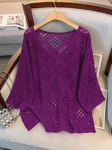 GlowEve CURVE Suéter de punto con mangas 3/4 y calado para mujer de talla grande - Morado - Ver 1