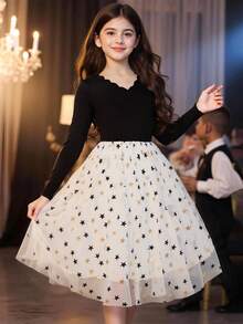 Sparklyn 黑色V领长袖网眼拼接优雅淑女派对公主休闲连衣裙 - 彩色 - 查看 2