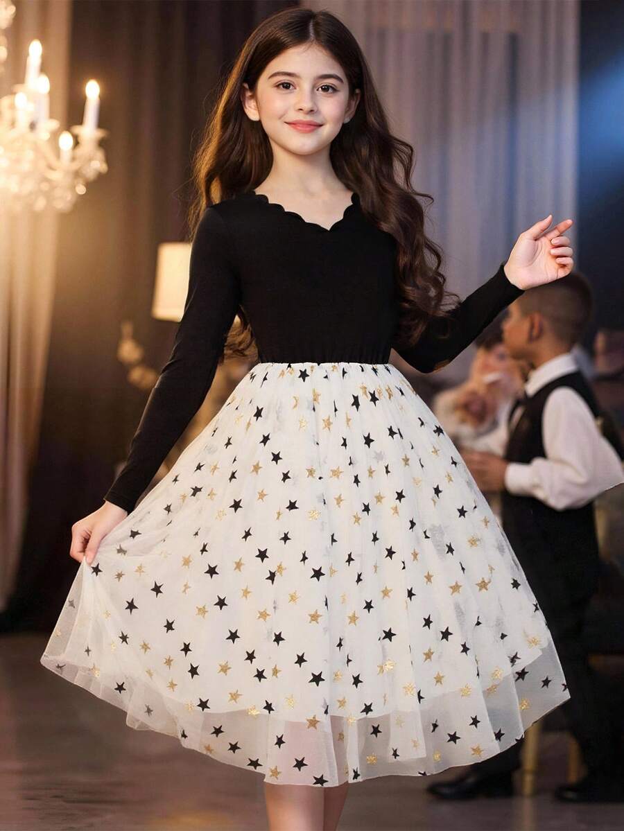 Sparklyn 黑色V领长袖网眼拼接优雅淑女派对公主休闲连衣裙