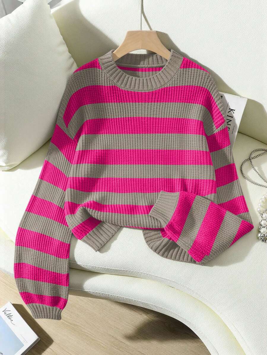SHEIN LUNE 女士休闲宽松条纹落肩长袖套头毛衣，秋冬款 - 彩色 - 查看 1