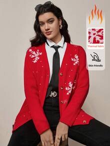 Zelara 大码女式秋冬红色圣诞长袖羊毛开衫，雪花图案，保暖舒适，适合秋冬季节、圣诞节、新年、感恩节等各种场合。 - 紅色 - 查看 3
