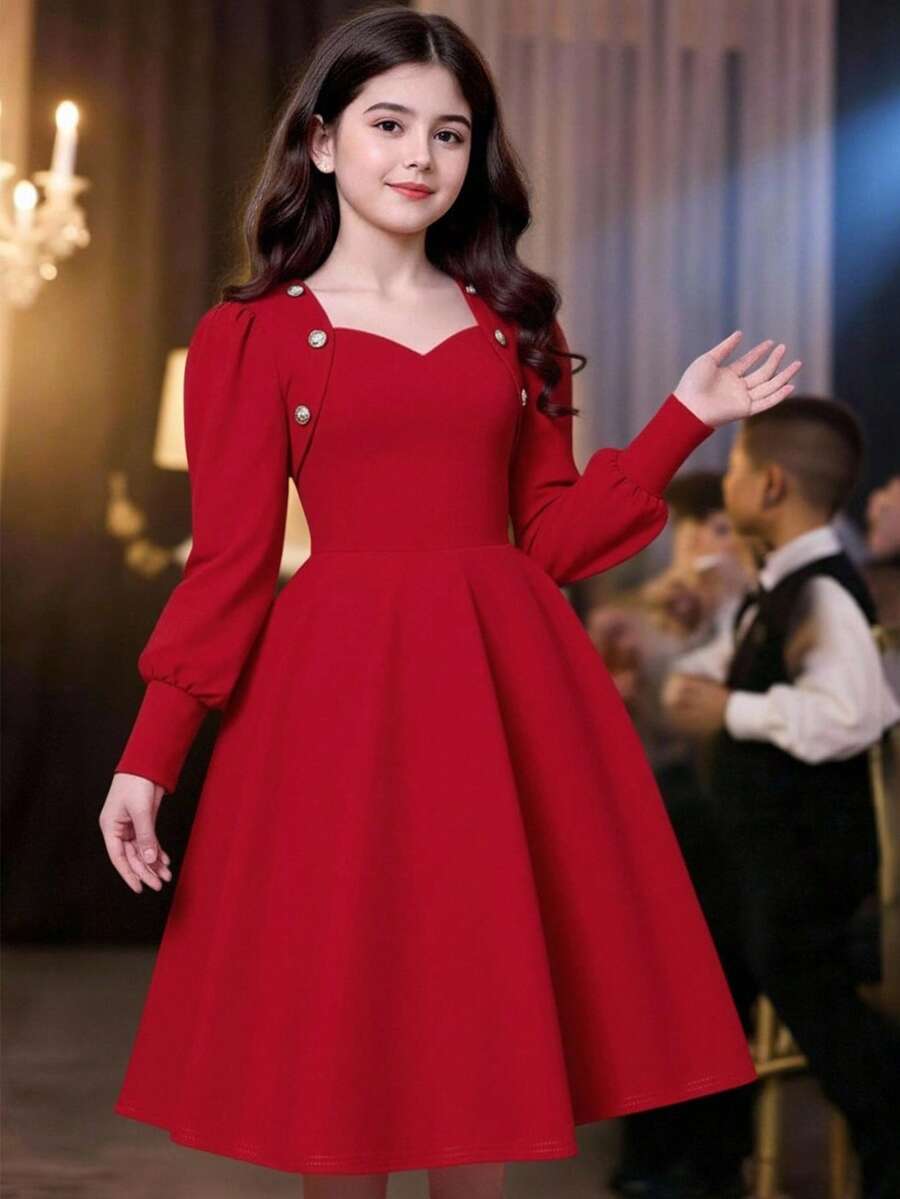 SHEIN 一款简约优雅的V领连衣裙，饰有纽扣，泡泡袖，纯色设计，适合少女穿着。适合圣诞派对、圣诞节、新年、除夕夜等场合。 - 紅色 - 查看 1