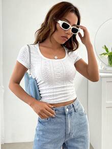 SHEIN EZwear Áo thun nữ Tranh thêu màu trơn Giải trí - trắng - Xem 6