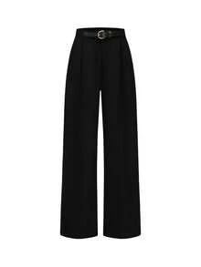 Ellevyn Women's Solid Color Pleated Wide Leg Loose Casual Office Pants - Black - View 2